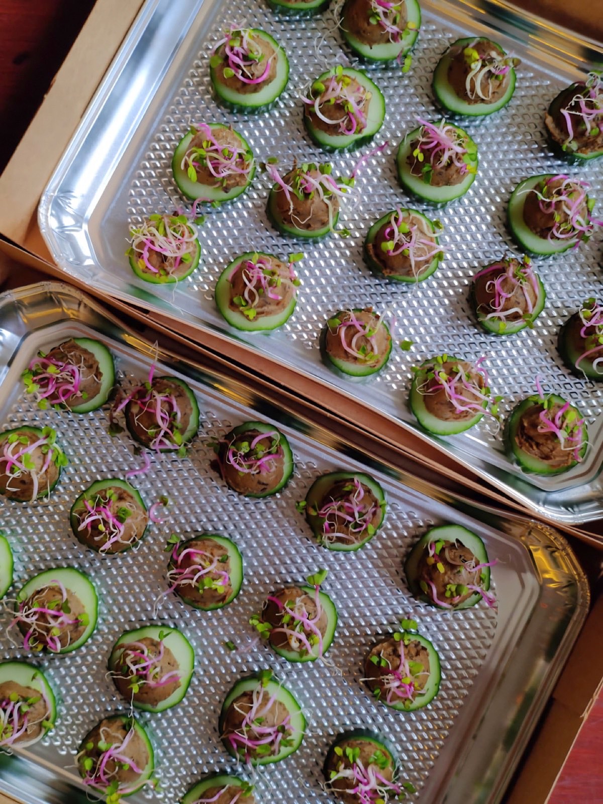 Vegan borrelplateaus van Focus Foodbar uit Tilburg Twee schalen met vegan borrelhapjes van Focus Foodbar: komkommerrondjes met huisgemaakte spread, radijsspruiten en ingelegde rode ui